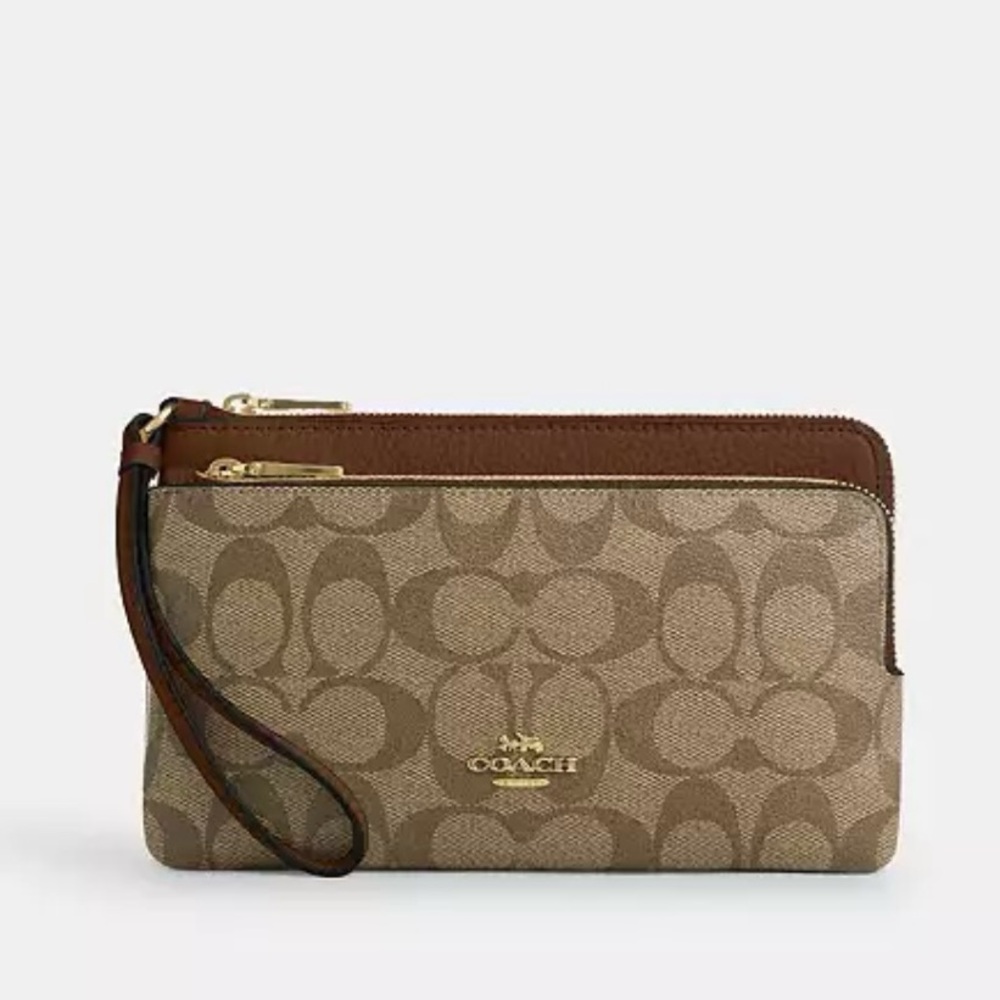 NWT | COACH | DOUBLE ZIP WALLET KHAKI/SADDLE